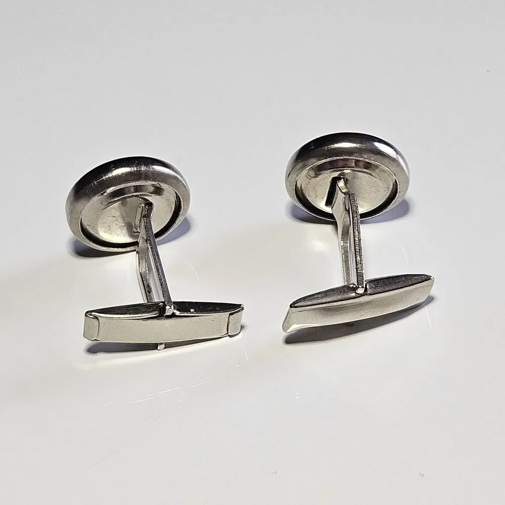 Vintage Silver Tone Circular Cufflinks With Black